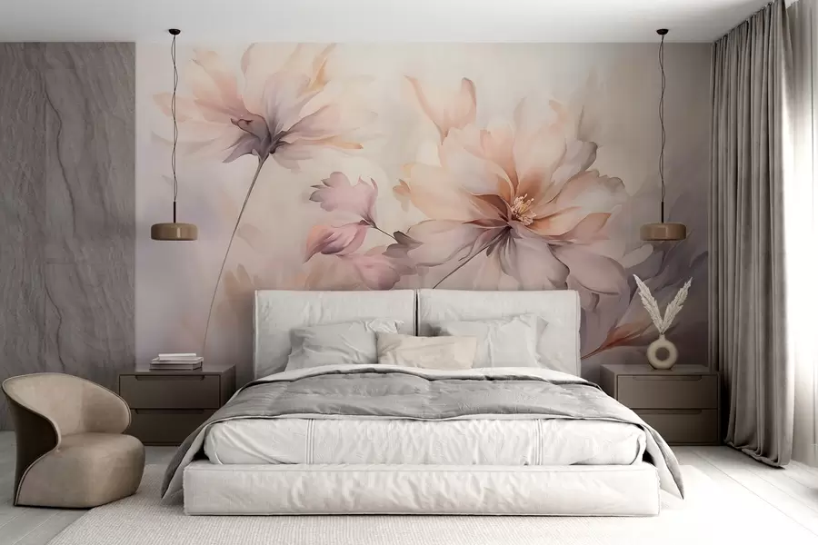 murales de pared Un delicado arte floral con grandes flores de colores pastel con pétalos translúcidos, tallos suaves y un suave fondo difuminado  w09050