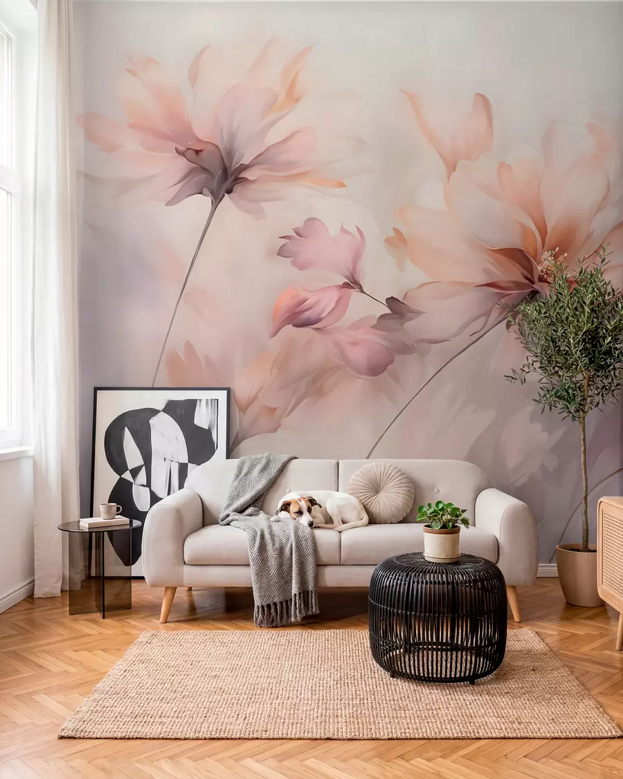 murales de pared Un delicado arte floral con grandes flores de colores pastel con pétalos translúcidos, tallos suaves y un suave fondo difuminado  w09050
