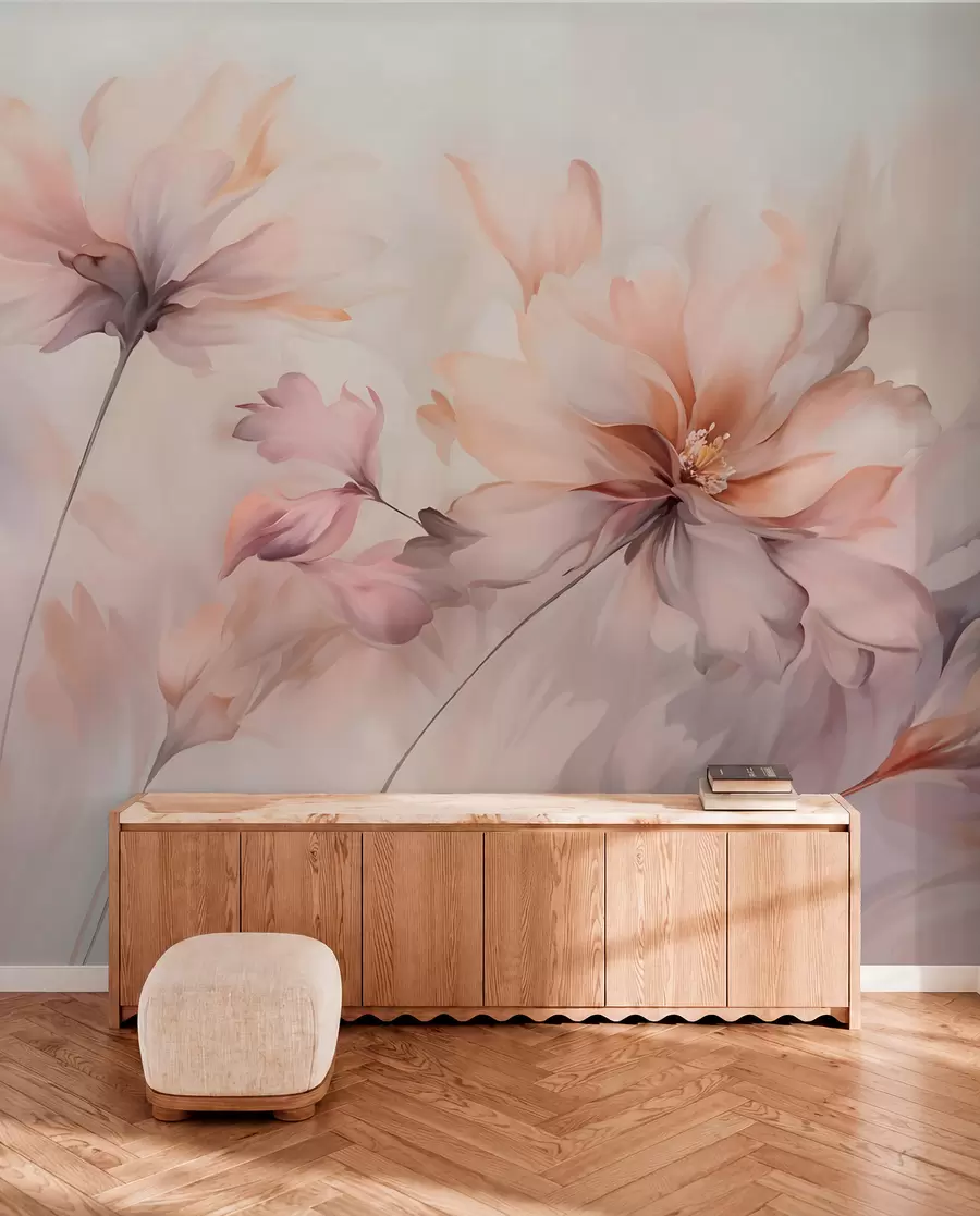murales de pared Un delicado arte floral con grandes flores de colores pastel con pétalos translúcidos, tallos suaves y un suave fondo difuminado  w09050