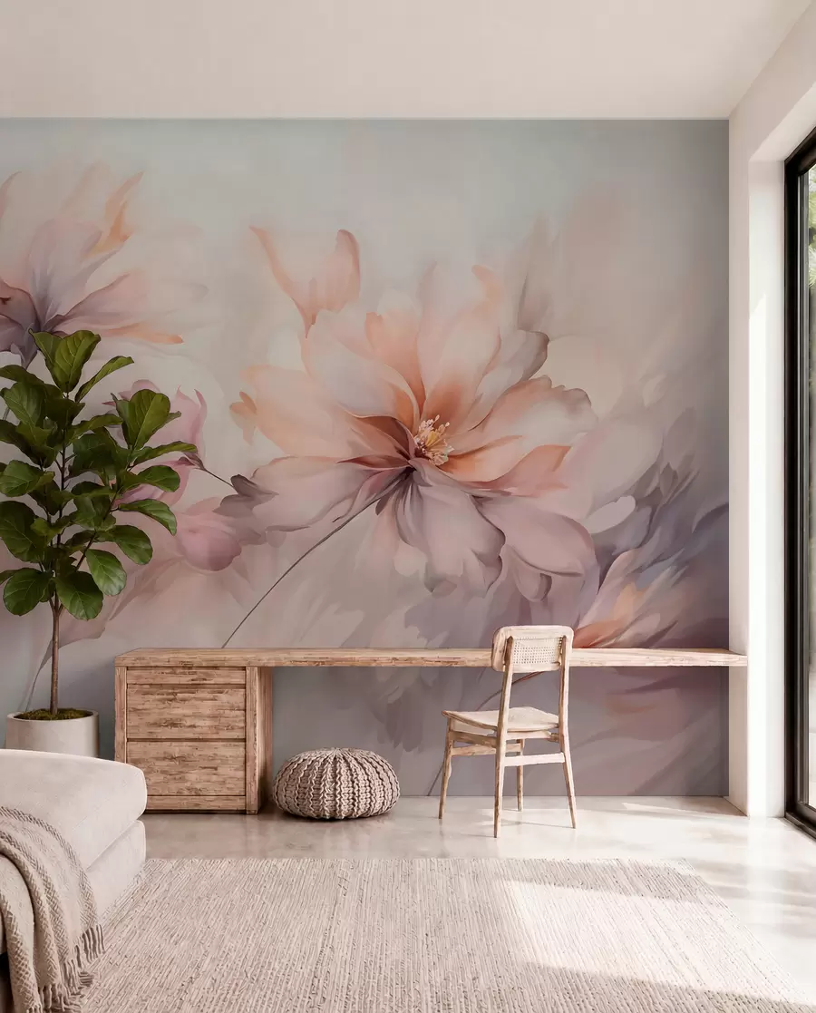 murales de pared Un delicado arte floral con grandes flores de colores pastel con pétalos translúcidos, tallos suaves y un suave fondo difuminado  w09050