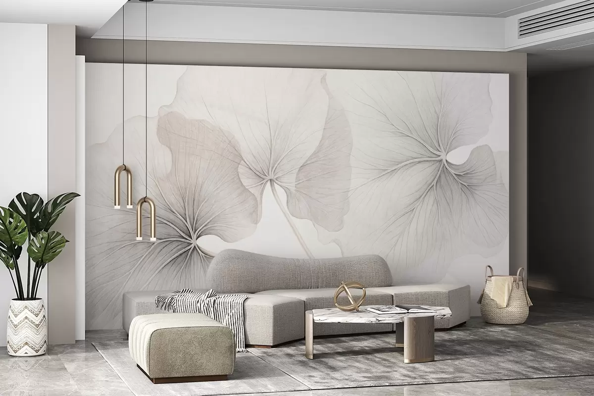 murales de pared Tres hojas translúcidas con venas visibles, con textura de ruido superpuestas ligeramente, con tallos finos sobre fondo blanco w09052