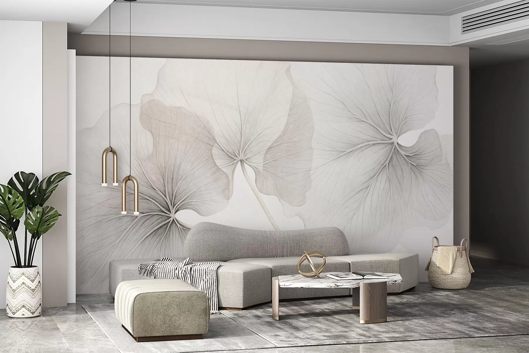 murales de pared Tres hojas translúcidas con venas visibles, con textura de ruido superpuestas ligeramente, con tallos finos sobre fondo blanco w09052