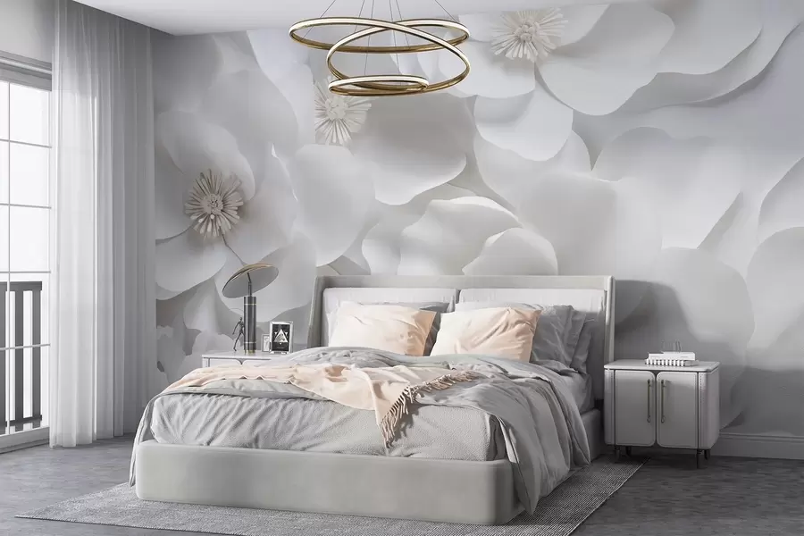 murales de pared Flores blancas con delicados pétalos, dispuestas en un denso racimo, creando una sensación de pureza y elegancia sobre fondo blanco w09053