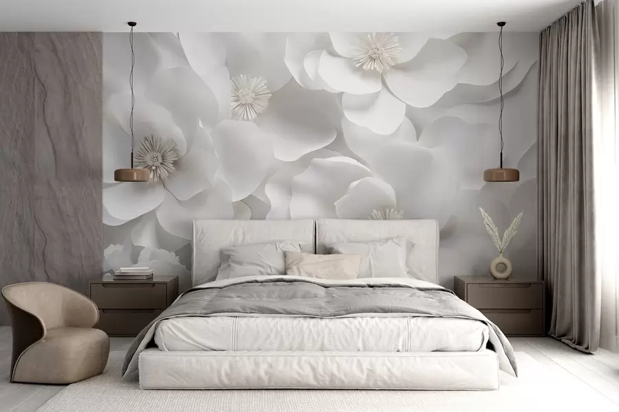 murales de pared Flores blancas con delicados pétalos, dispuestas en un denso racimo, creando una sensación de pureza y elegancia sobre fondo blanco w09053