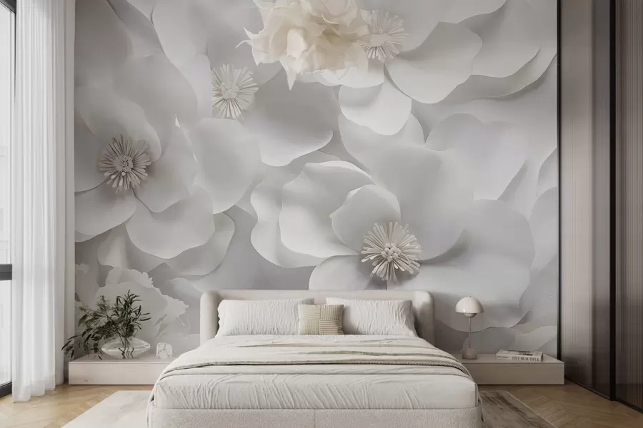 murales de pared Flores blancas con delicados pétalos, dispuestas en un denso racimo, creando una sensación de pureza y elegancia sobre fondo blanco w09053