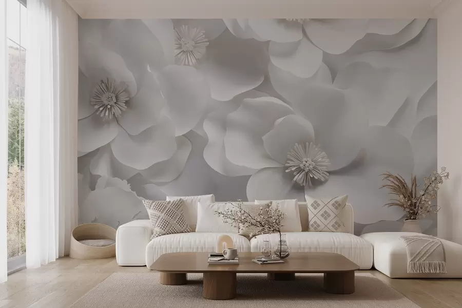 murales de pared Flores blancas con delicados pétalos, dispuestas en un denso racimo, creando una sensación de pureza y elegancia sobre fondo blanco w09053