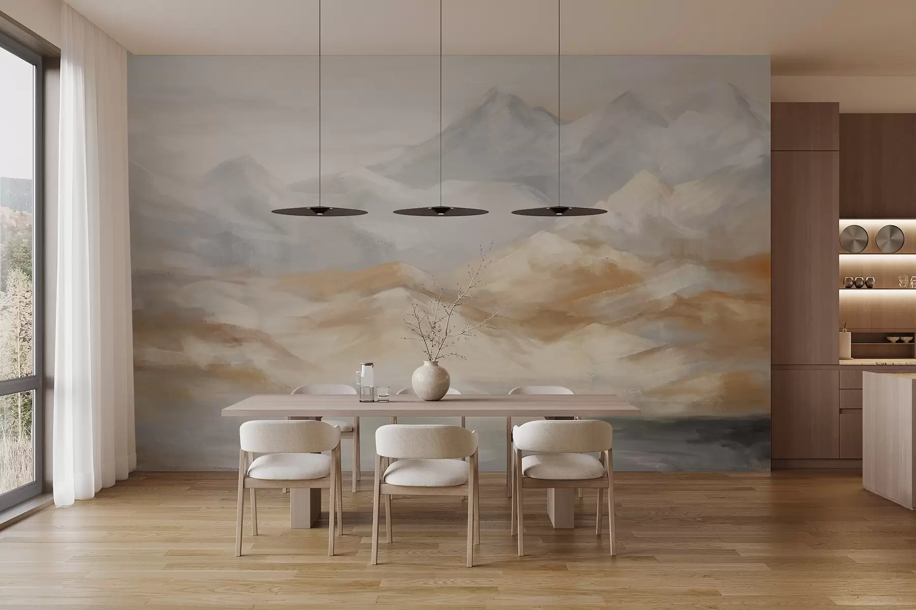 murales de pared Paisaje texturizado de montañas con un lago en primer plano, en tonos blancos, grises y marrones w09057