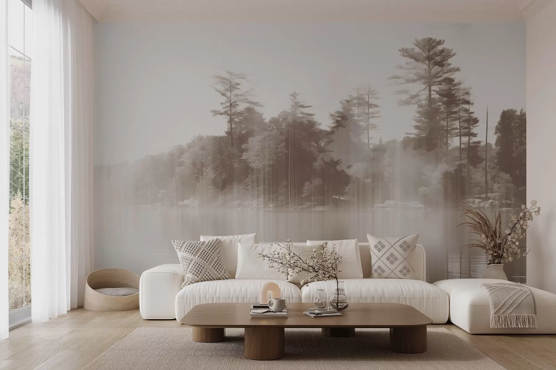 murales de pared Paisaje abstracto minimalista texturizado con un lago y árboles reflejados en el agua en tonos beige y blanco w09058v1