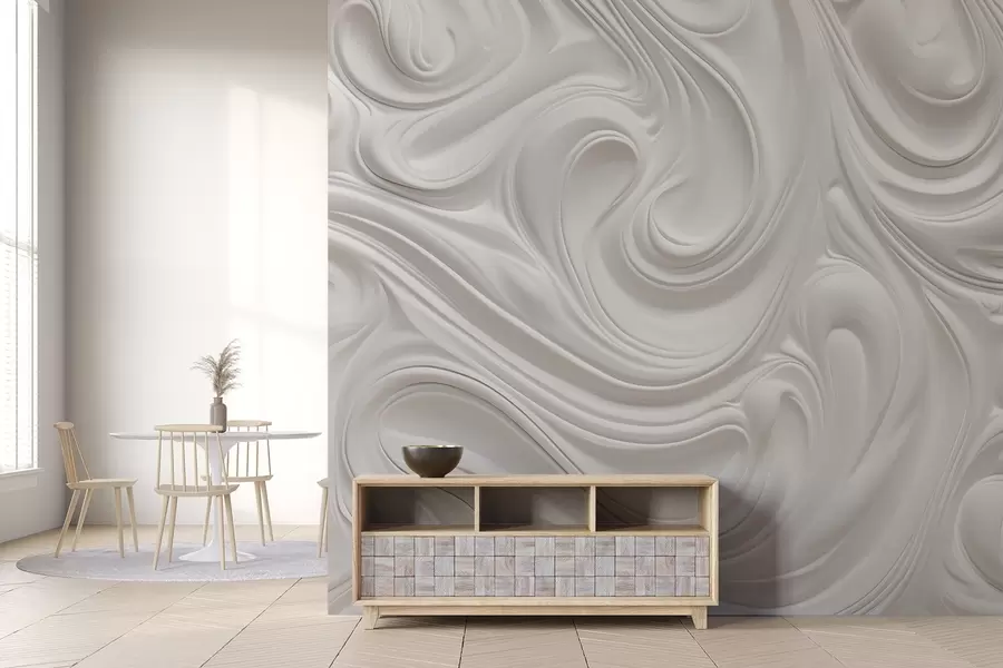murales de pared Arte moderno abstracto blanco con remolinos y ondas fluidas, textura suave, diseño elegante, estética minimalista w09059