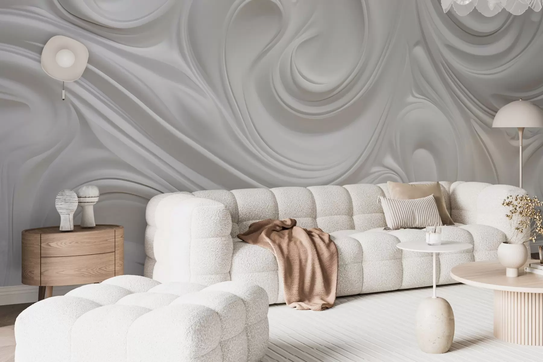 murales de pared Arte moderno abstracto blanco con remolinos y ondas fluidas, textura suave, diseño elegante, estética minimalista w09059