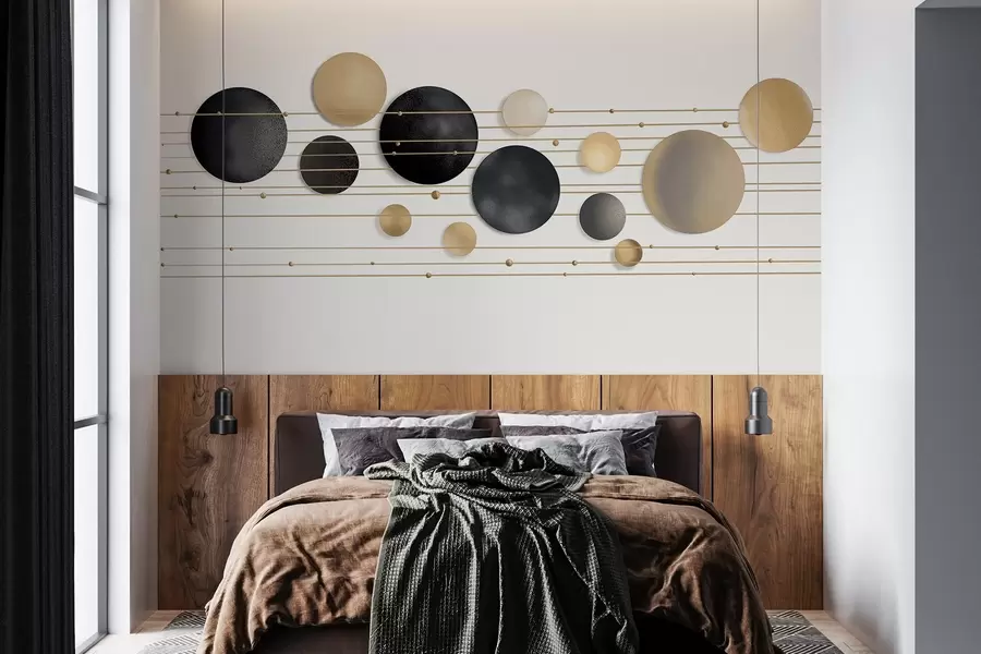 murales de pared Diseño moderno abstracto con círculos texturizados en tonos blancos, amarillos y grises, conectados por líneas finas, arte minimalista  w09060