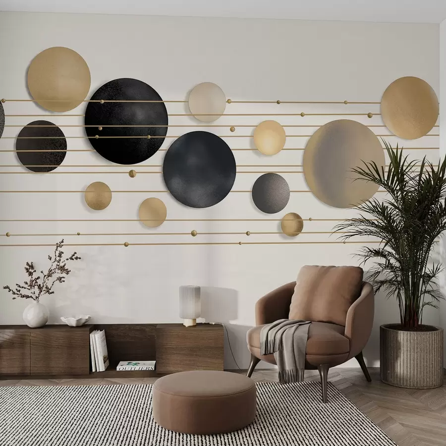 murales de pared Diseño moderno abstracto con círculos texturizados en tonos blancos, amarillos y grises, conectados por líneas finas, arte minimalista  w09060