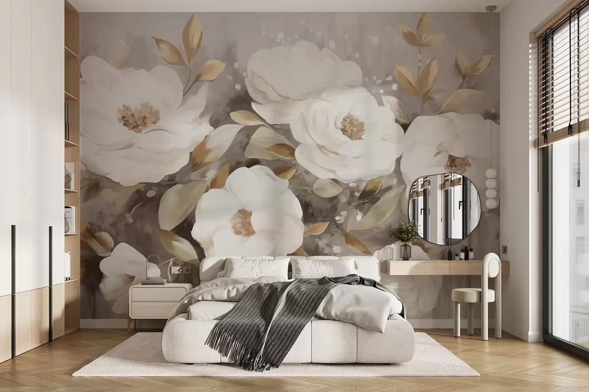 murales de pared Flores blancas con hojas amarillas, pétalos suaves, delicado arreglo floral, paleta de colores neutros, pinceladas texturizadas w09062