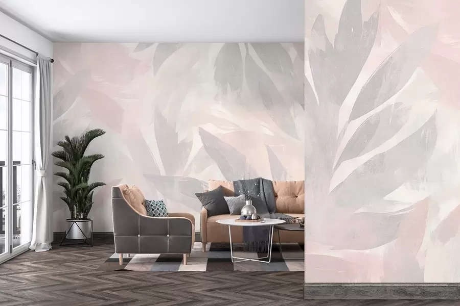 murales de pared Hojas tropicales, florales, palmeras, estilo pastel, colores rosa y beige w03881