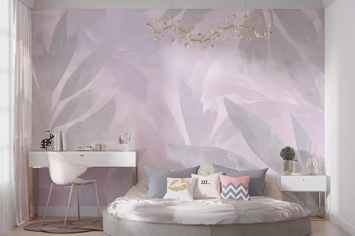 murales de pared Hojas tropicales, florales, palmeras, estilo pastel, colores morados w03881v1