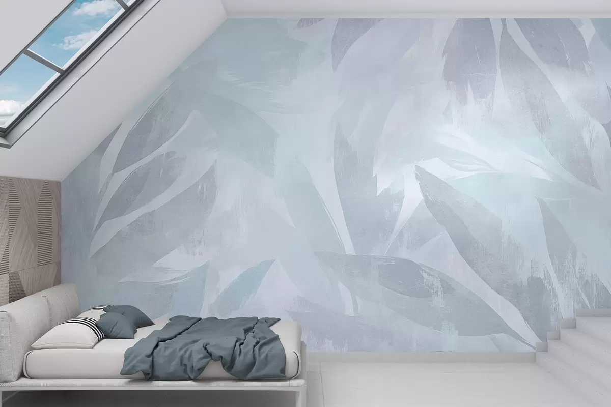 murales de pared Hojas tropicales, florales, palmeras, estilo pastel, colores azules w03881v2