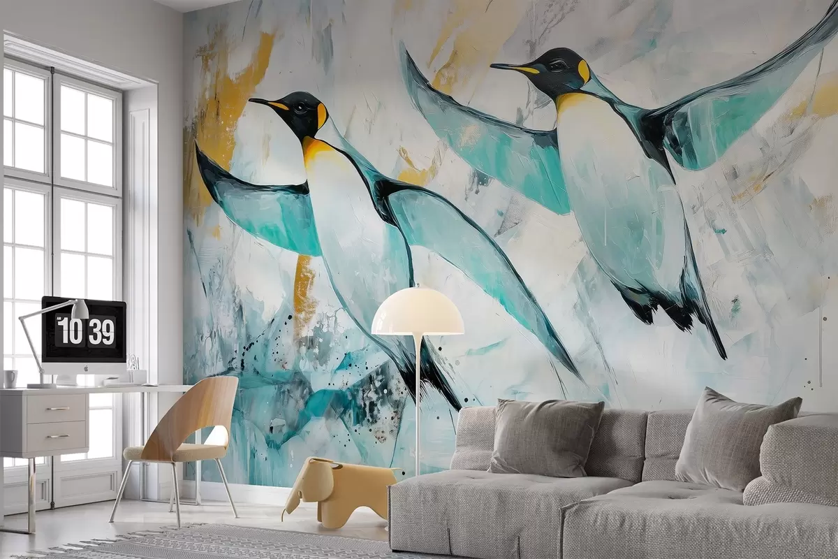 murales de pared Simpáticos pingüinos, Antártida, hielo azul, animales, dibujo al óleo  w03883