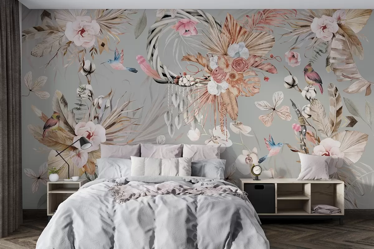 murales de pared Adorno de estilo boho con flores de peonía y pájaros, estilo acuarela, colores beige w03885