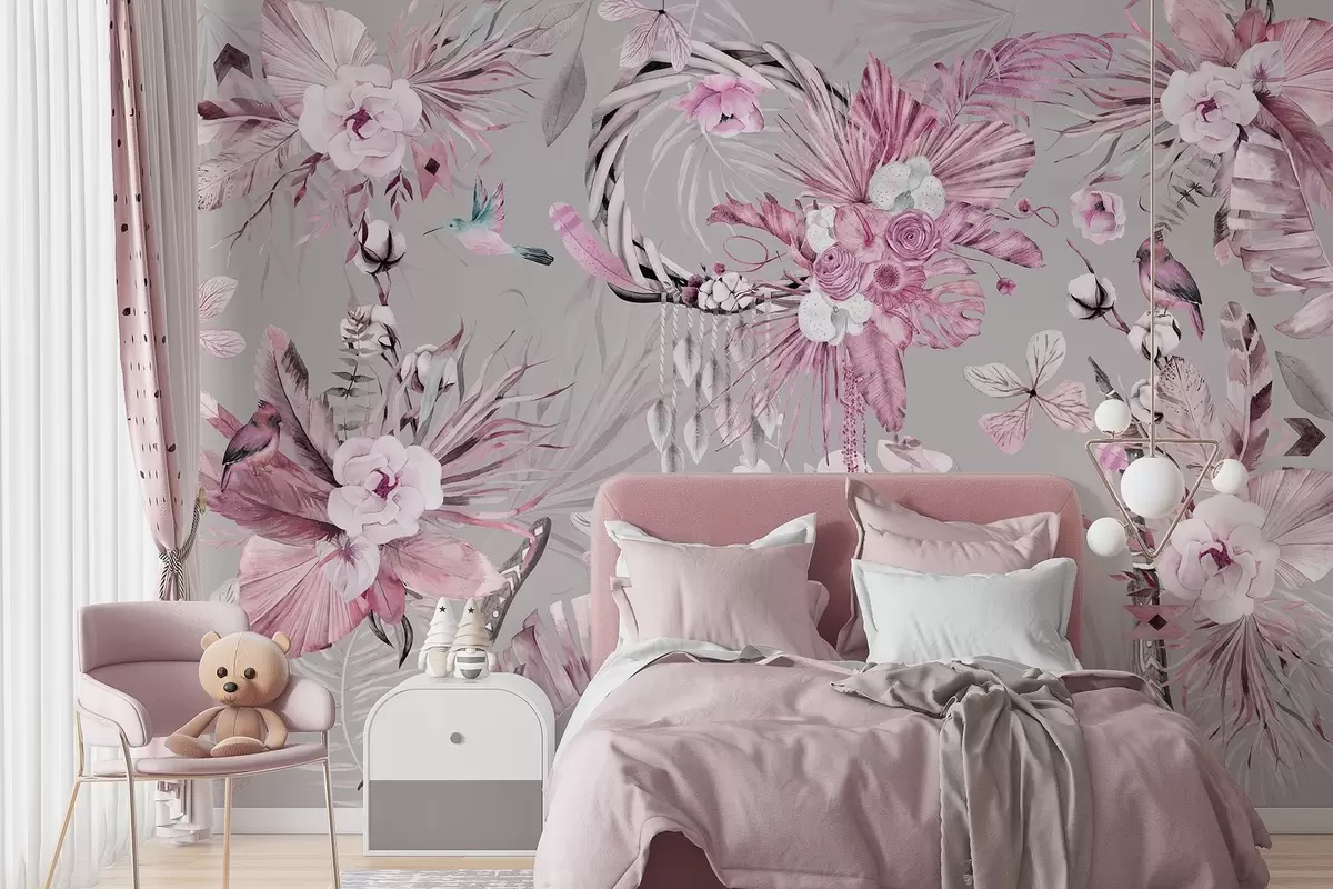 murales de pared Adorno de estilo boho con flores de peonía y pájaros, estilo acuarela, colores rosas w03885v1