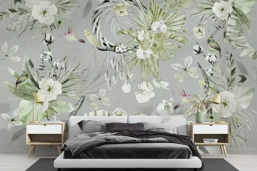 murales de pared Adorno de estilo boho con flores de peonía y pájaros, estilo acuarela, colores verdes w03885v2