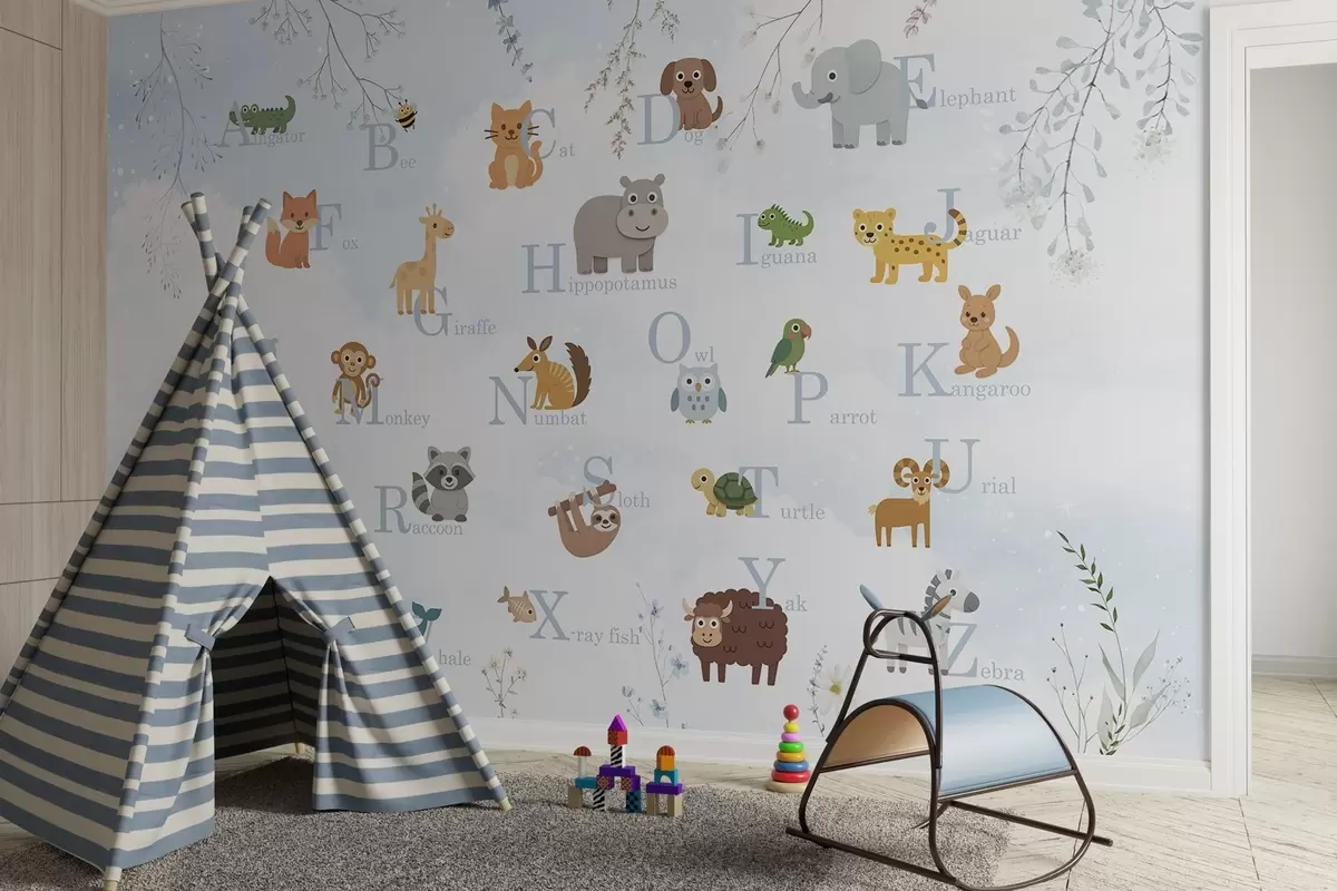 murales de pared Alfabeto con letras azules, plantas y cielo w03809v1