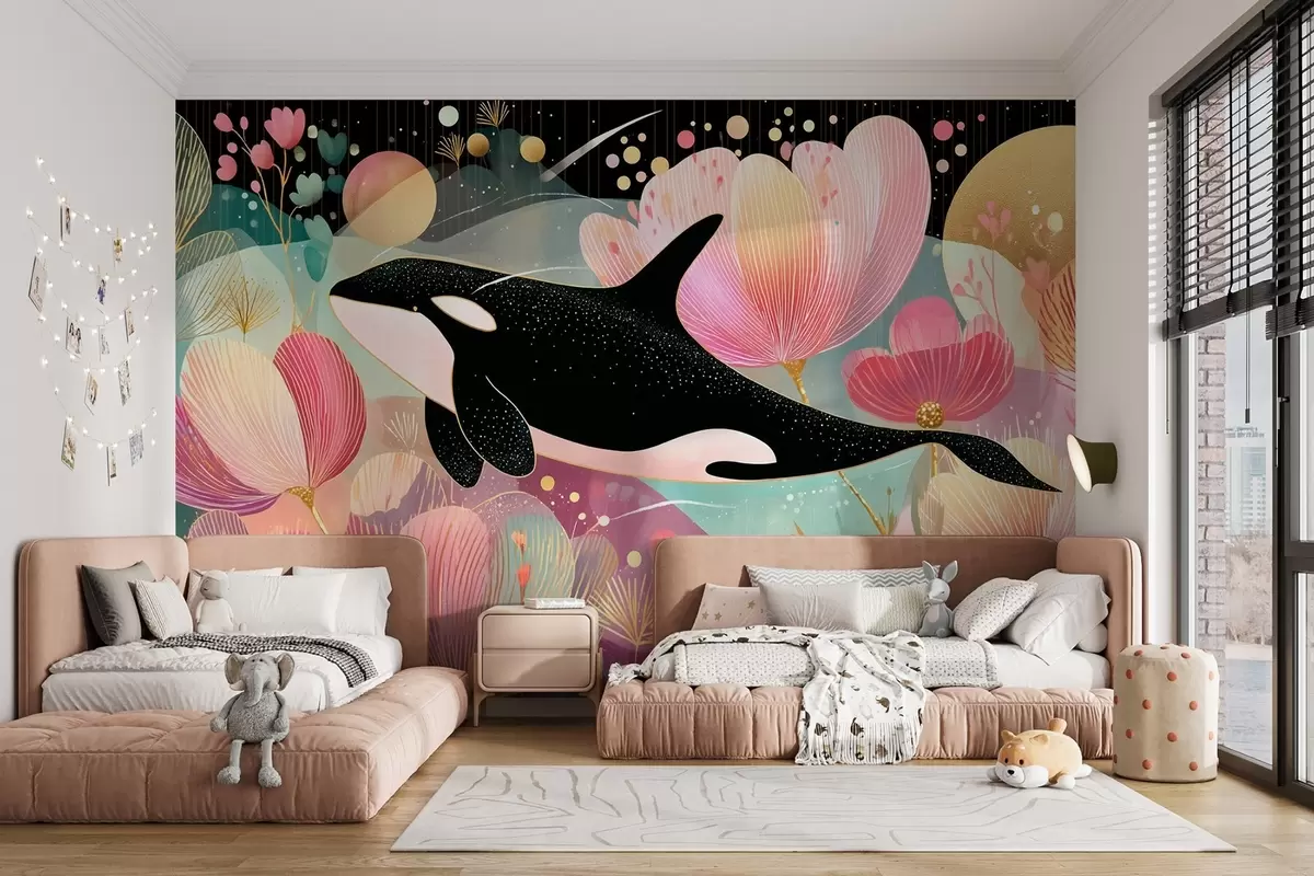 murales de pared Una orca negra nadando sobre un fondo de flores rosas w09074