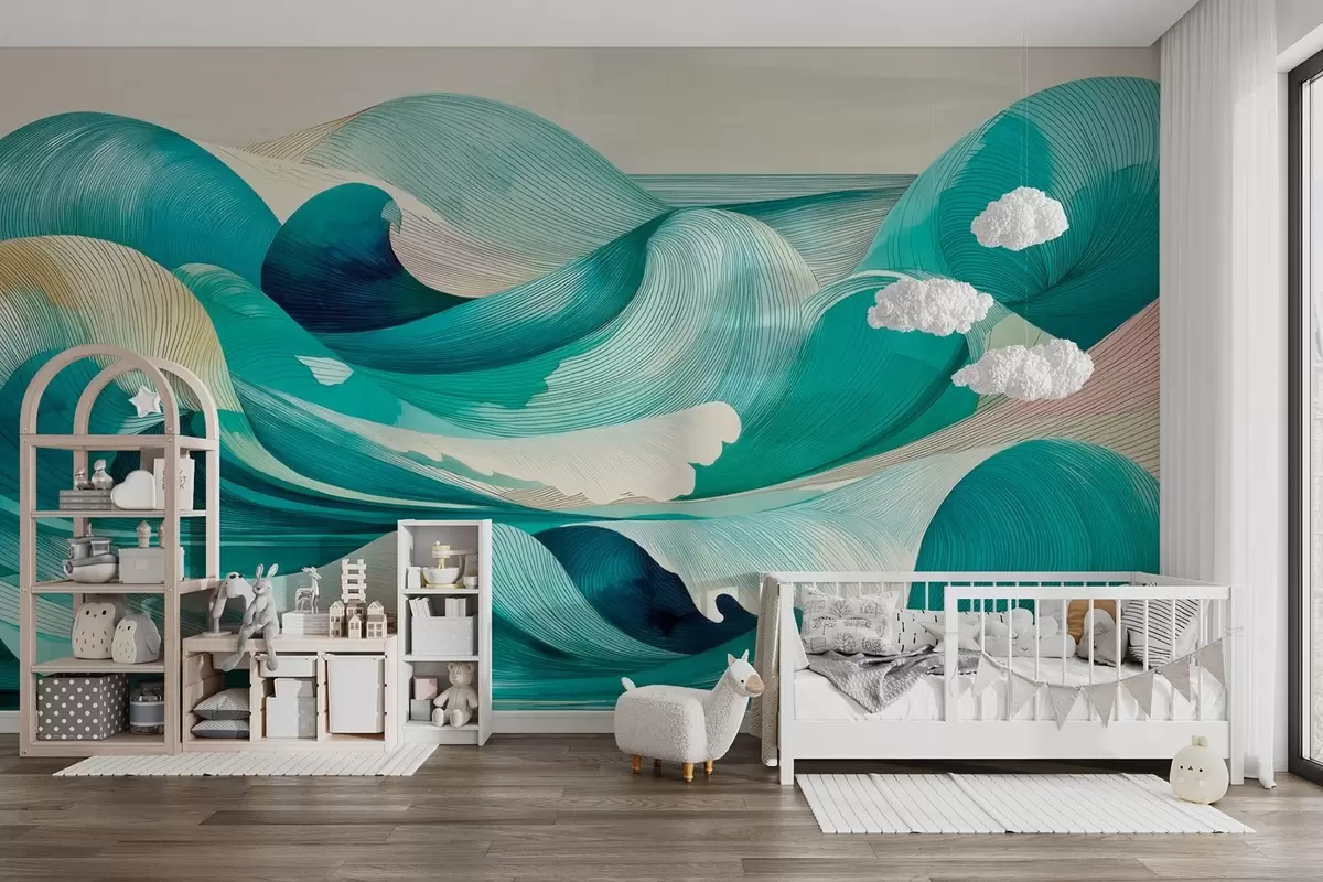 murales de pared Olas con líneas en colores azul y turquesa w09078