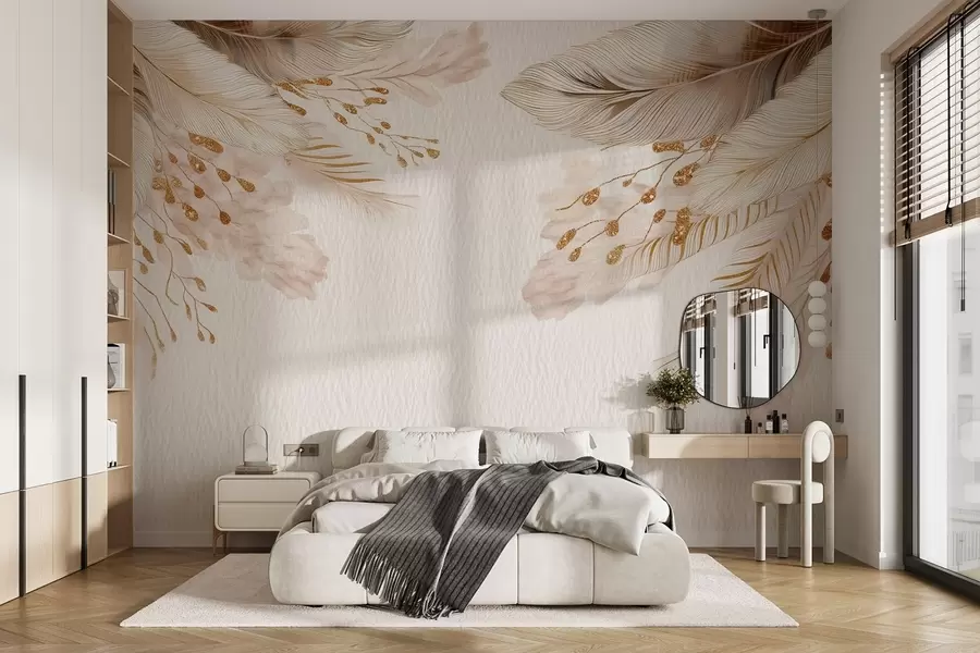 murales de pared Hierba de las pampas y plumas en estilo acuarela en beige y blanco sobre papel w09079