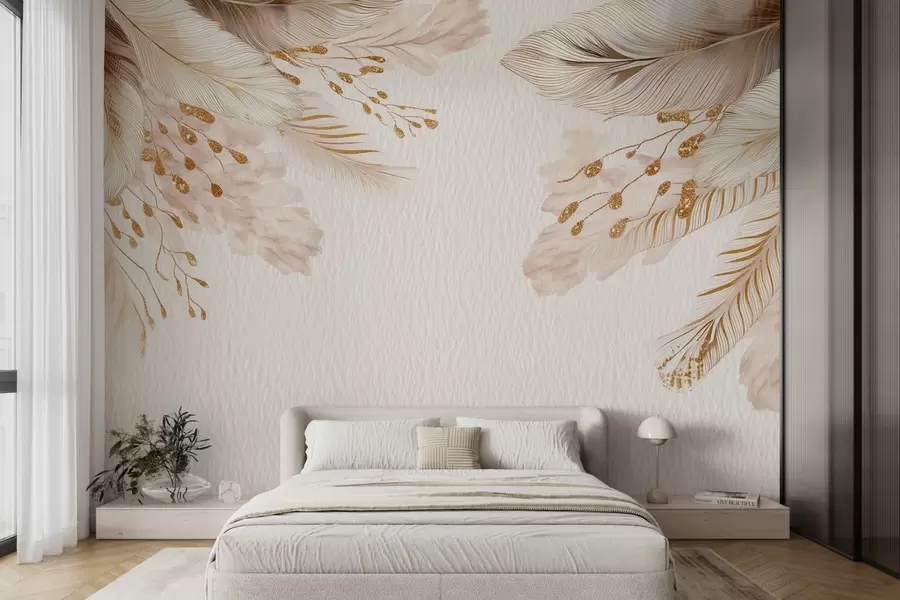 murales de pared Hierba de las pampas y plumas en estilo acuarela en beige y blanco sobre papel w09079