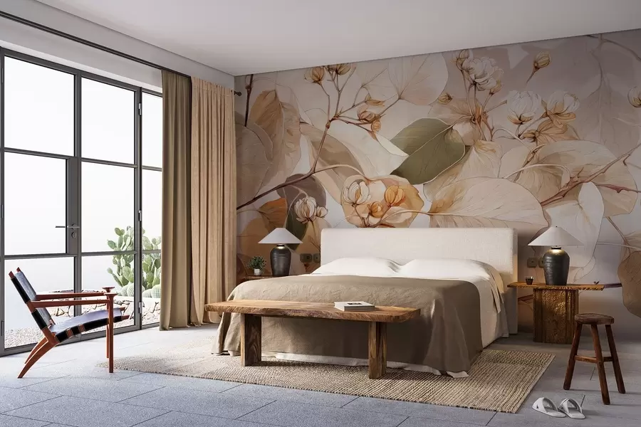 murales de pared Ramas de hojas y flores de álamo temblón al óleo en tonos beige w09082