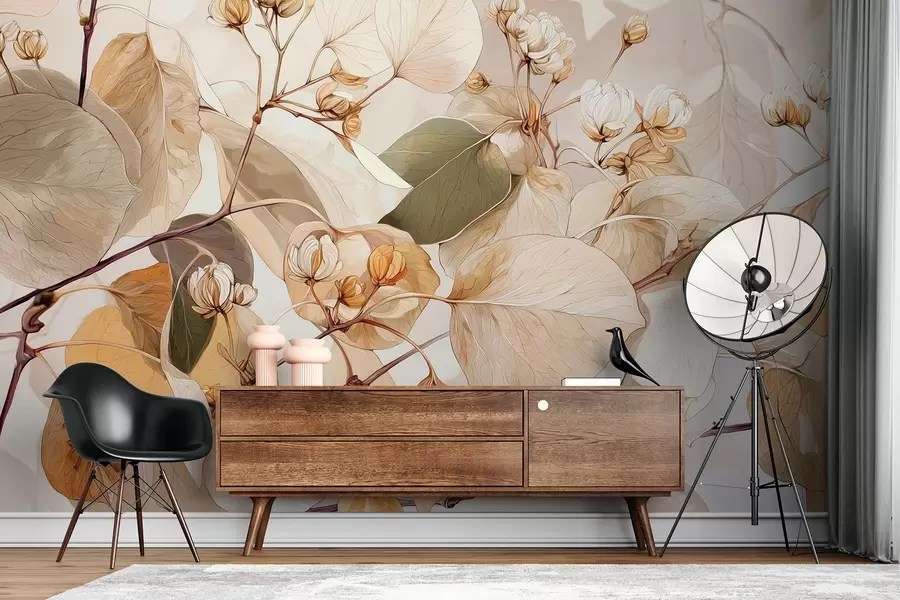 murales de pared Ramas de hojas y flores de álamo temblón al óleo en tonos beige w09082