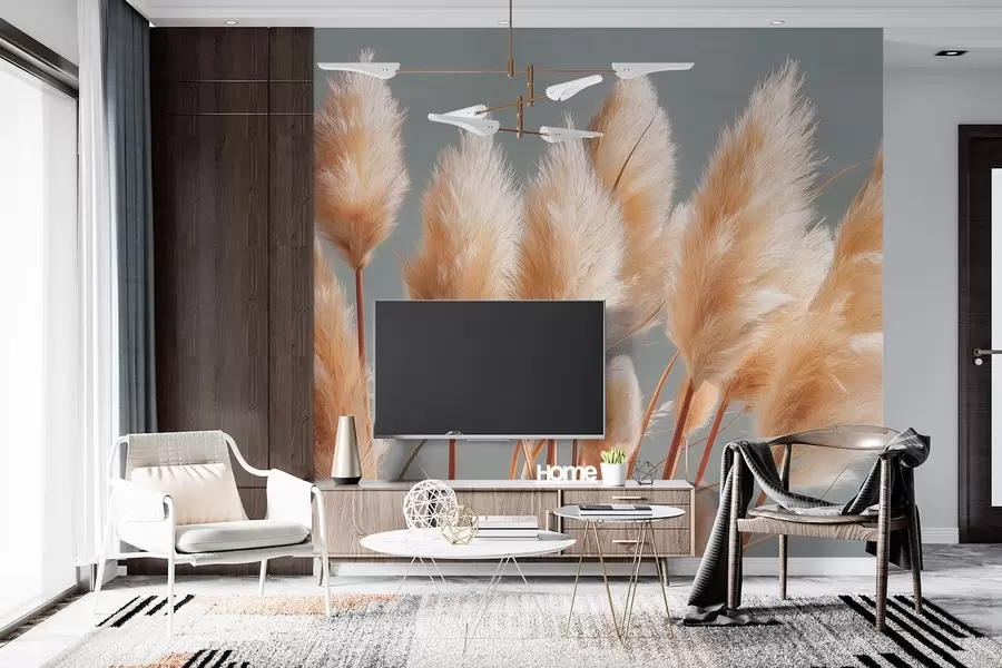 murales de pared Hierba de la pampa beige sobre fondo gris azulado w09083