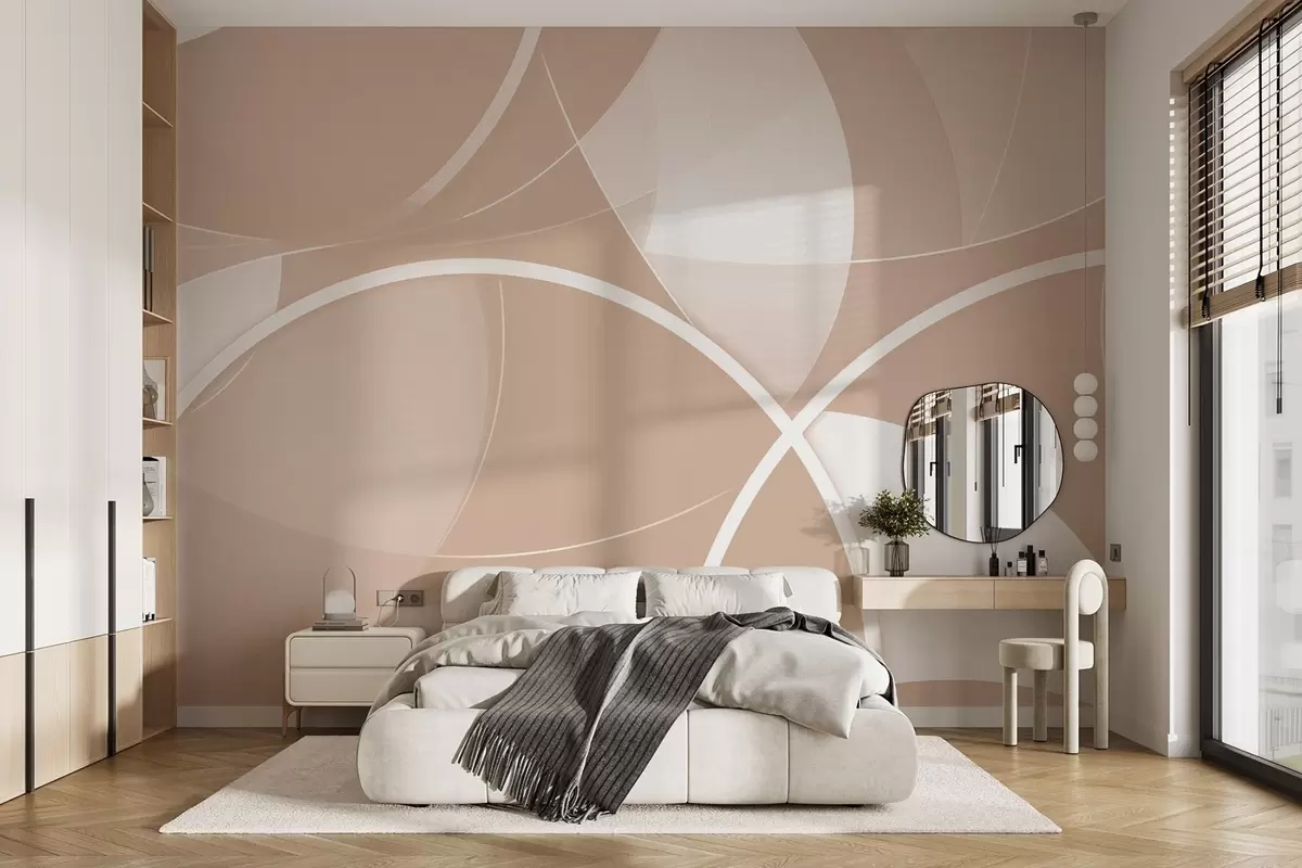 murales de pared Abstracción geométrica en tonos beige y rosa con círculos y semicírculos w09085