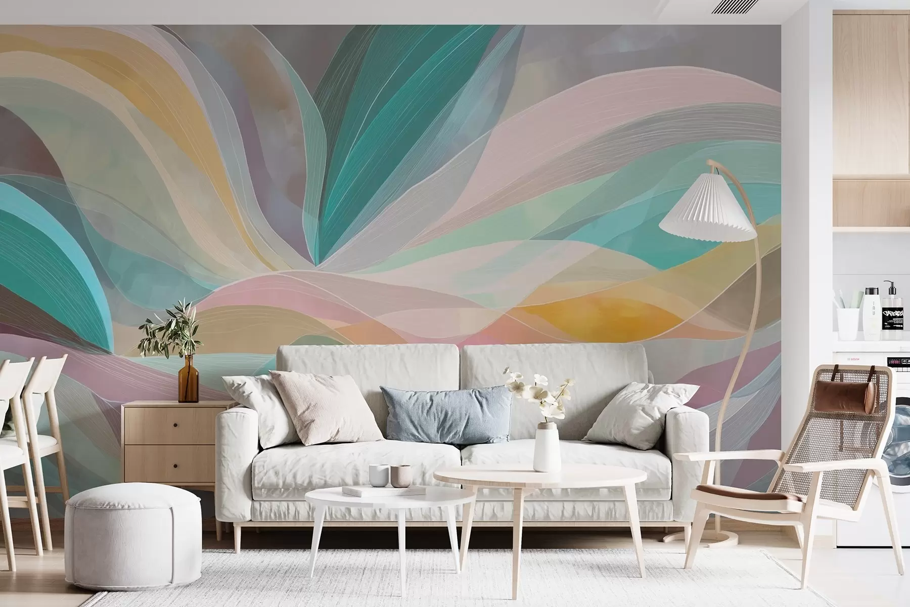 murales de pared Abstracción, olas en forma de colinas y montañas en tonos claros w09086v1