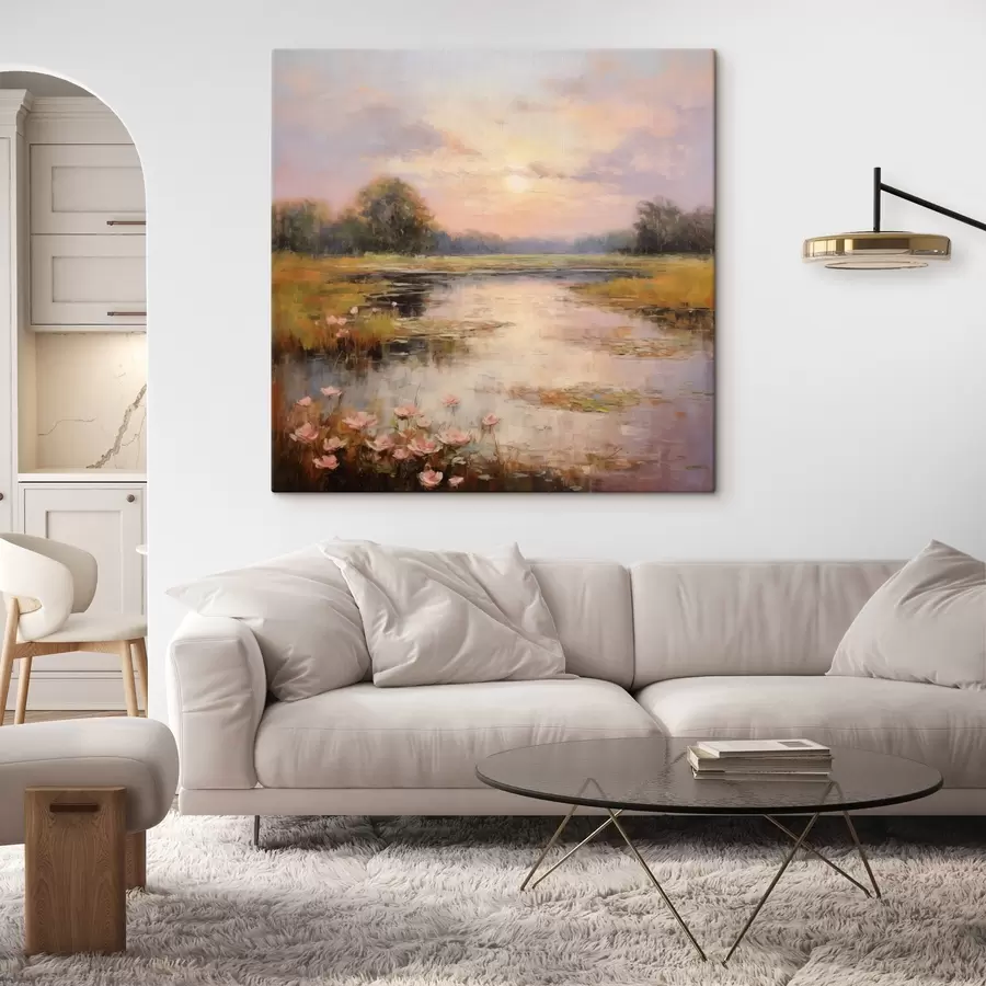 murales de pared Cuerpo de agua con flores al atardecer s44044