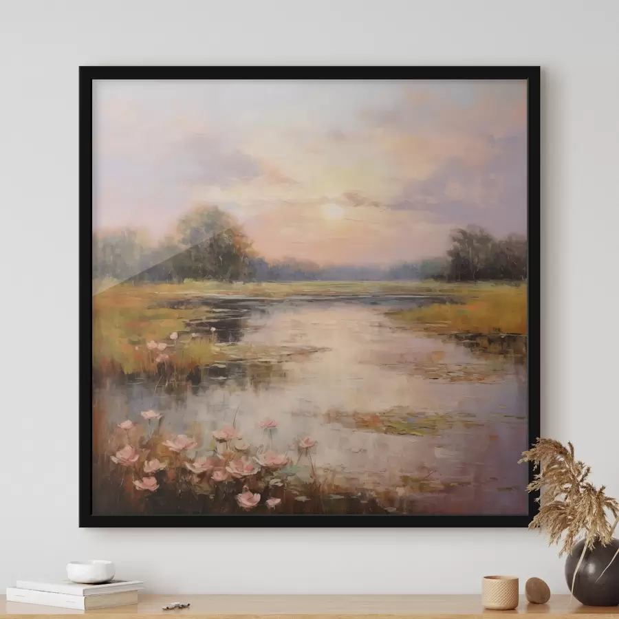 murales de pared Cuerpo de agua con flores al atardecer f44044