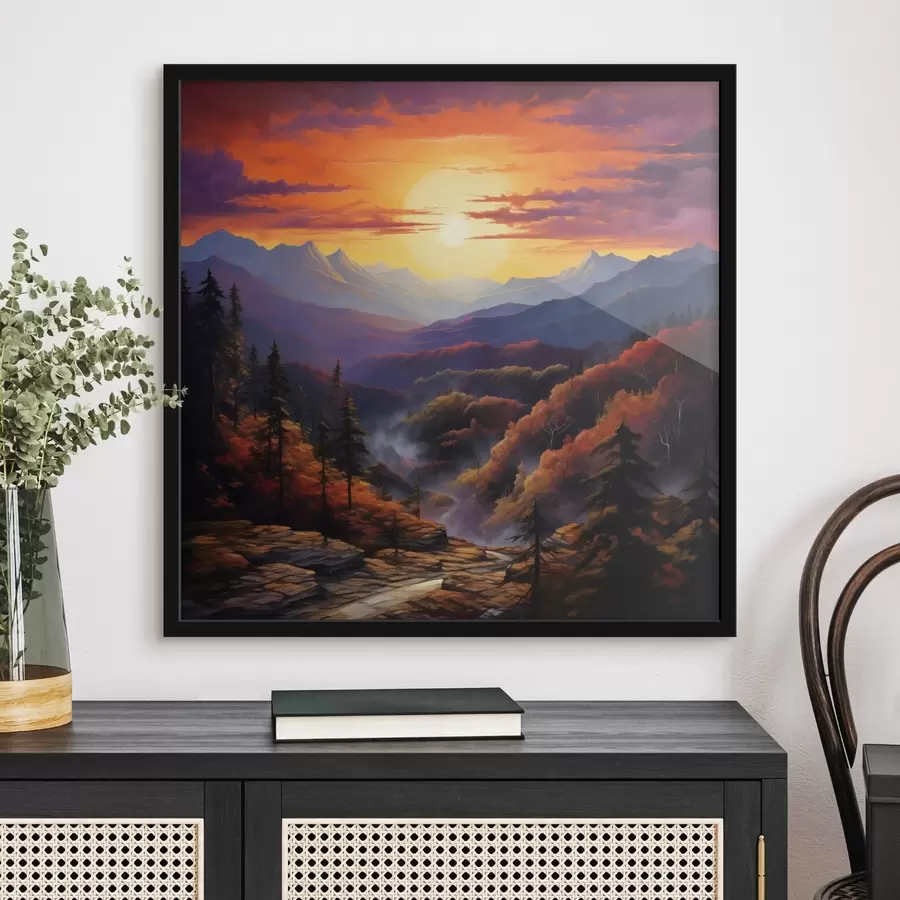 murales de pared Bosque y montañas al atardecer f44045