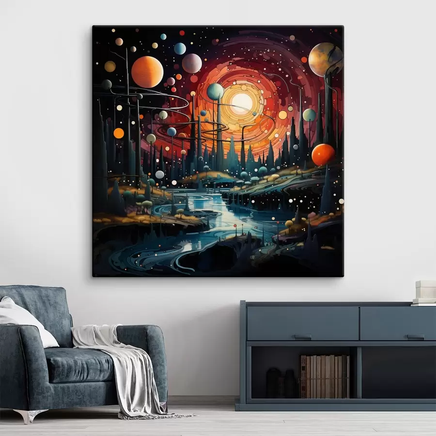 murales de pared Brillante y fantástico paisaje de un mundo alienígena con planetas y un río s44249