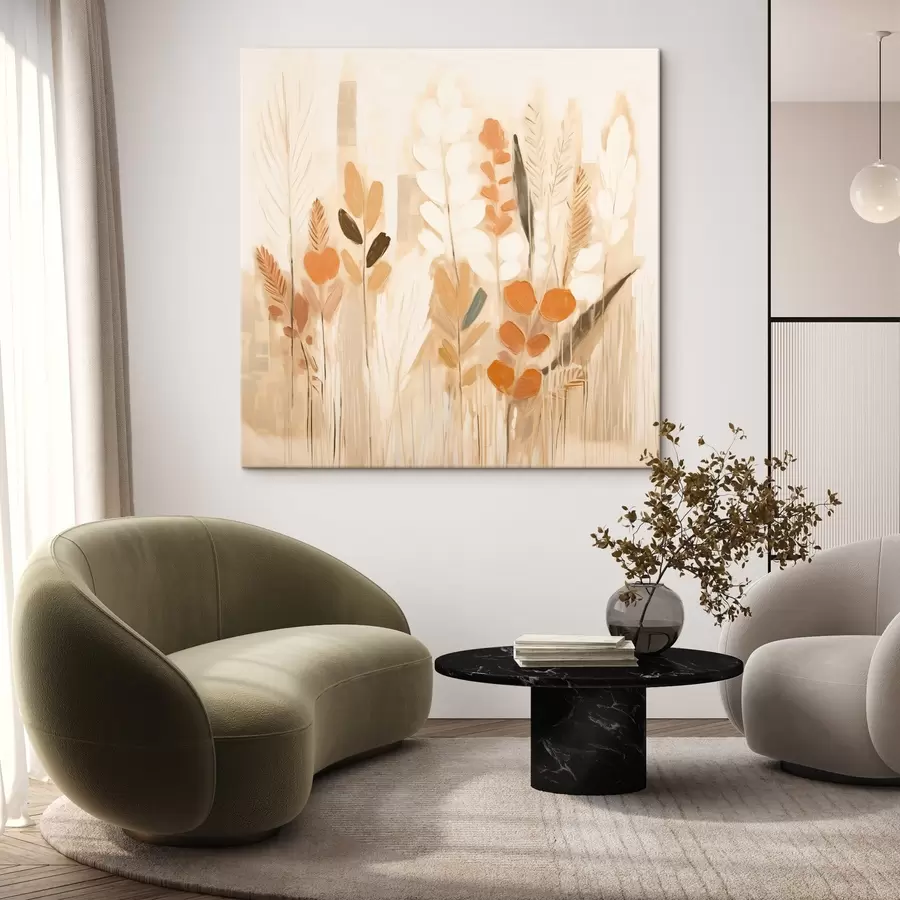 murales de pared Abstracción cálida con hierbas de campo y flores en una paleta beige-naranja de estilo Art Nouveau s44252