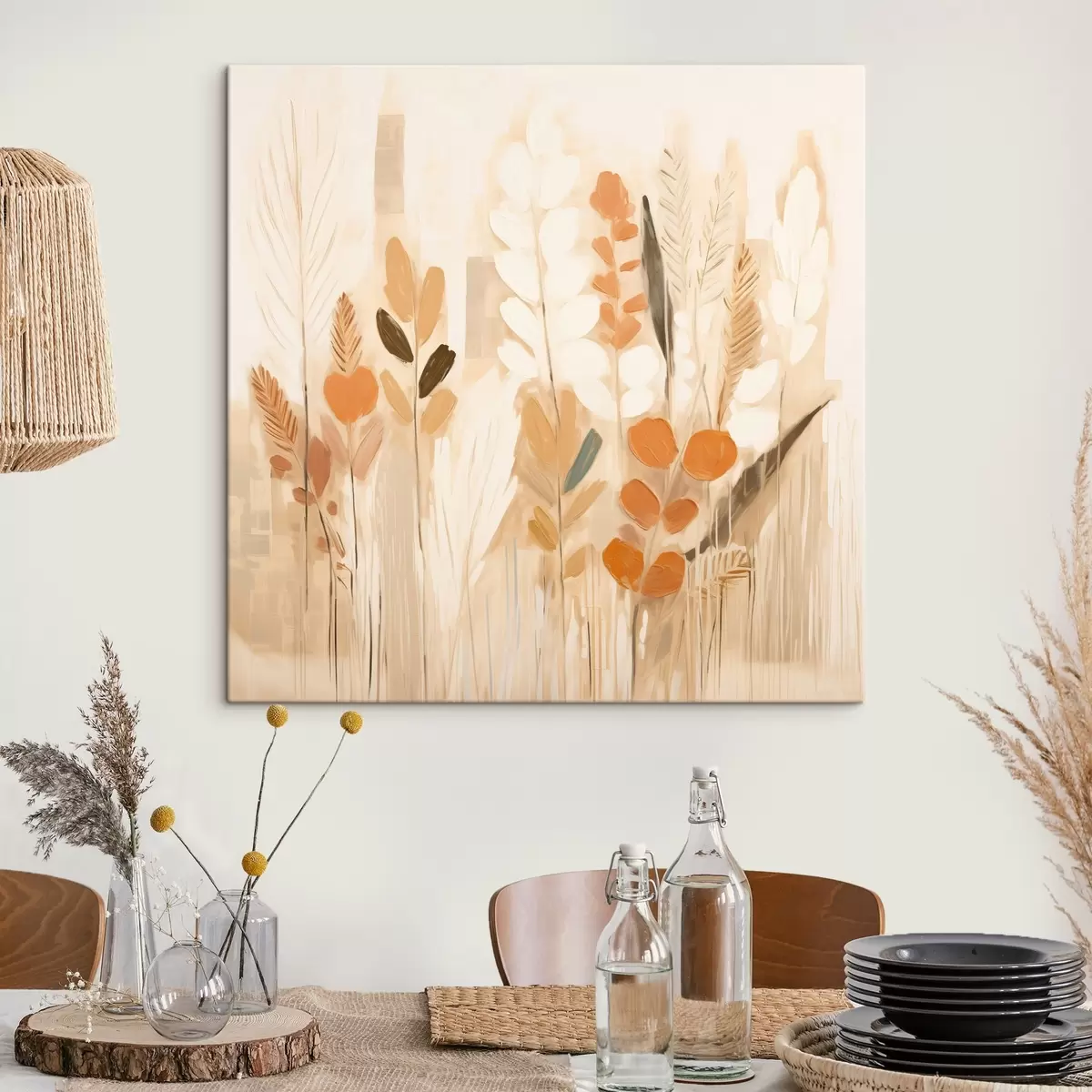 murales de pared Abstracción cálida con hierbas de campo y flores en una paleta beige-naranja de estilo Art Nouveau s44252