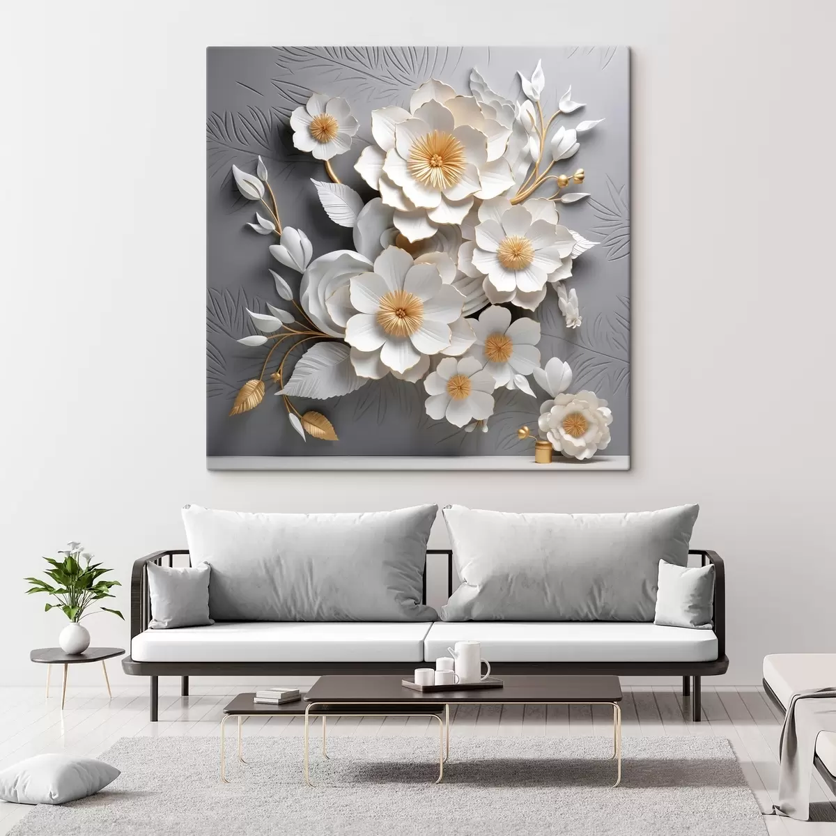 murales de pared Voluminosas flores blancas sobre fondo gris en estilo 3D s44253