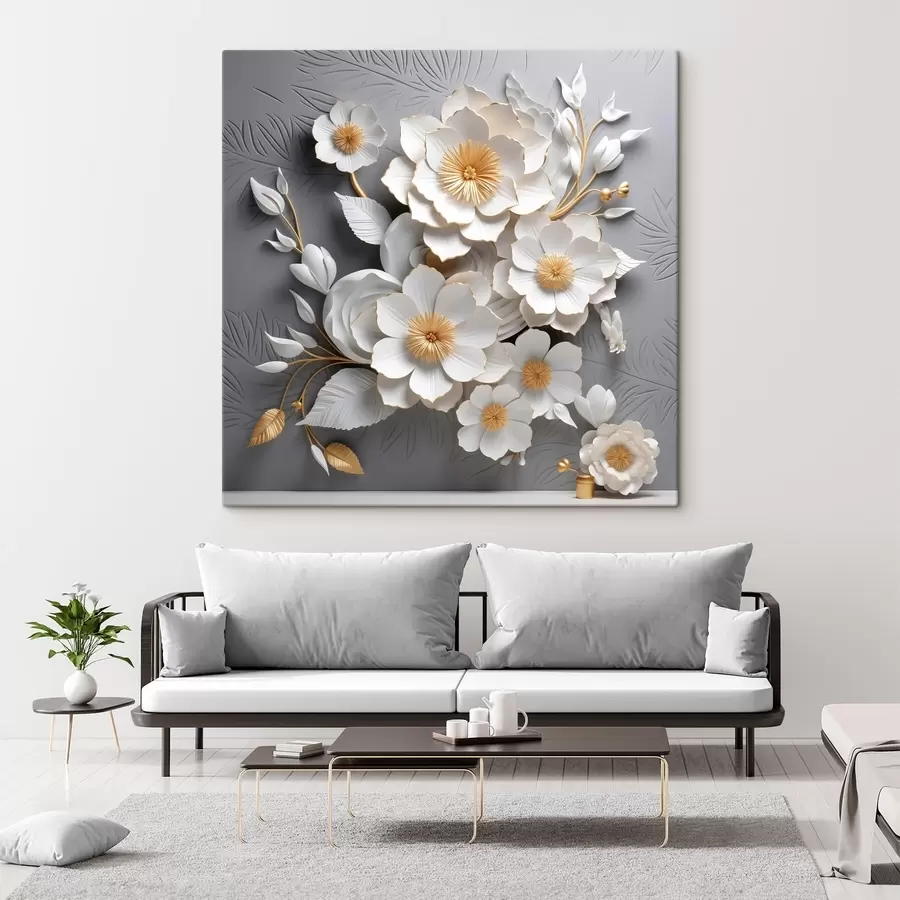 murales de pared Voluminosas flores blancas sobre fondo gris en estilo 3D s44253