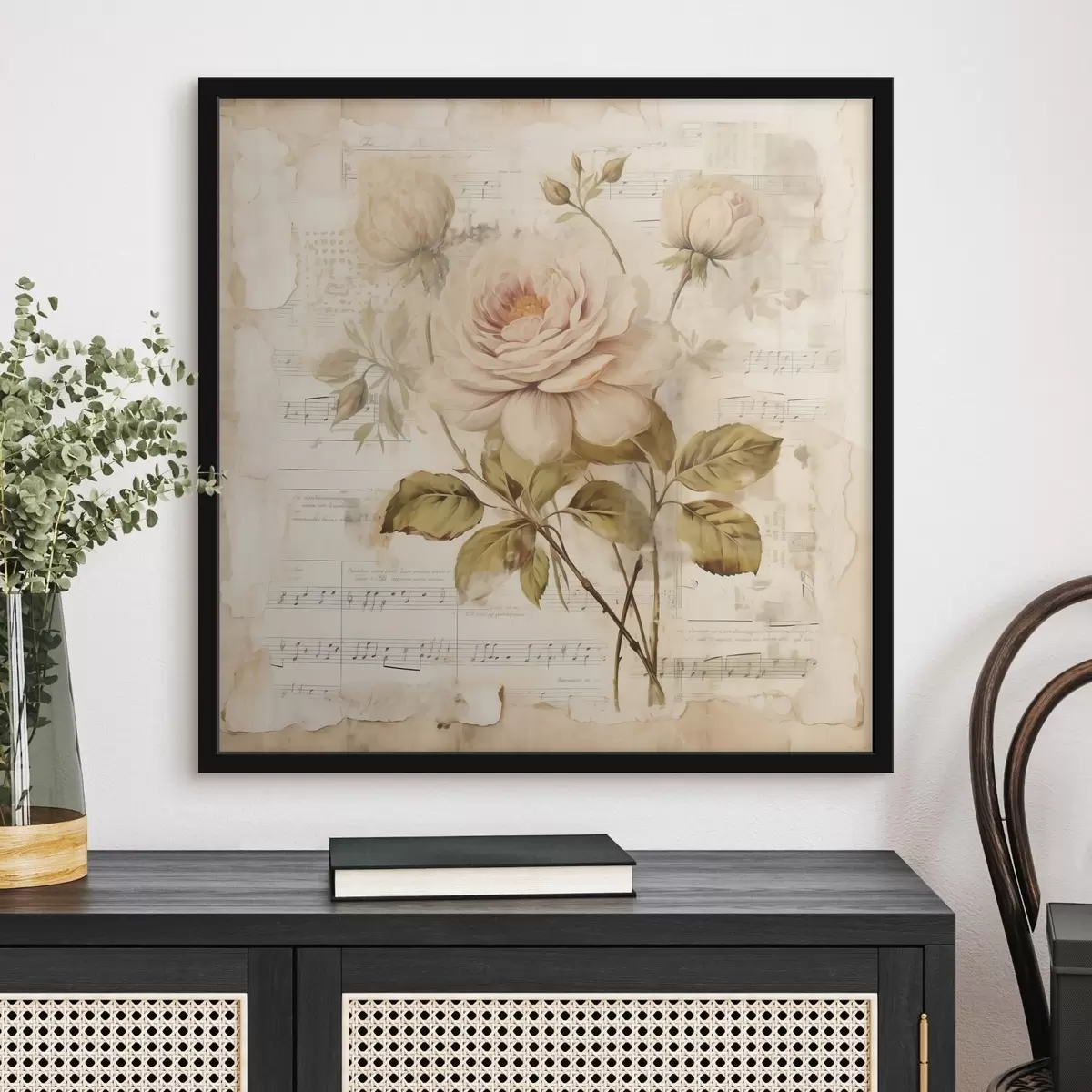 Poster Composición vintage de rosas sobre fondo de billetes antiguos f44247