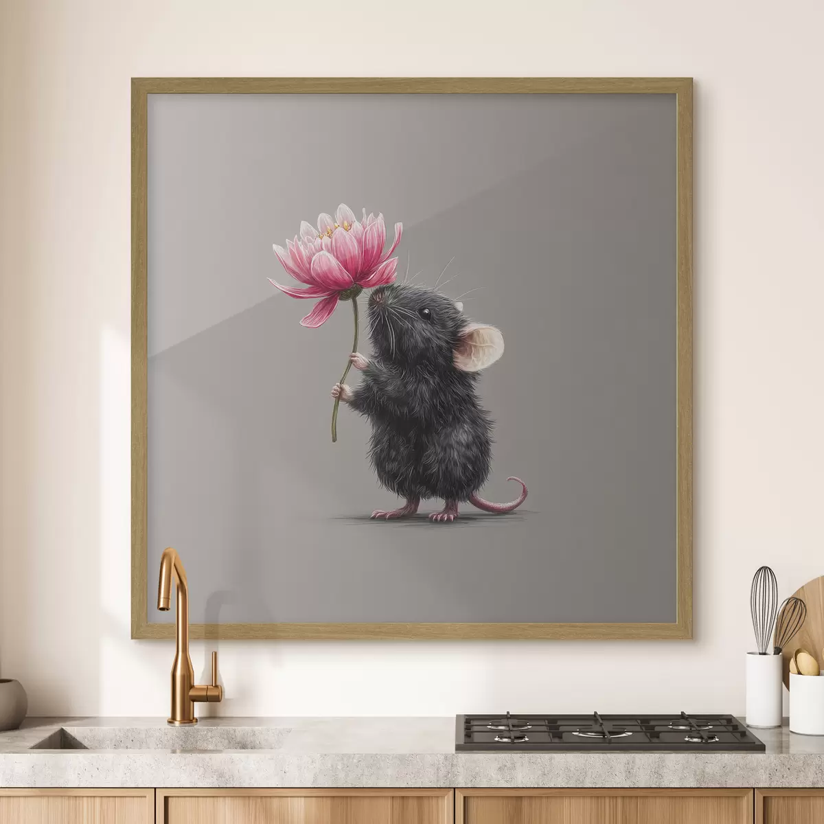 Poster Encantador ratón inhalando el aroma de una peonía rosa f44248