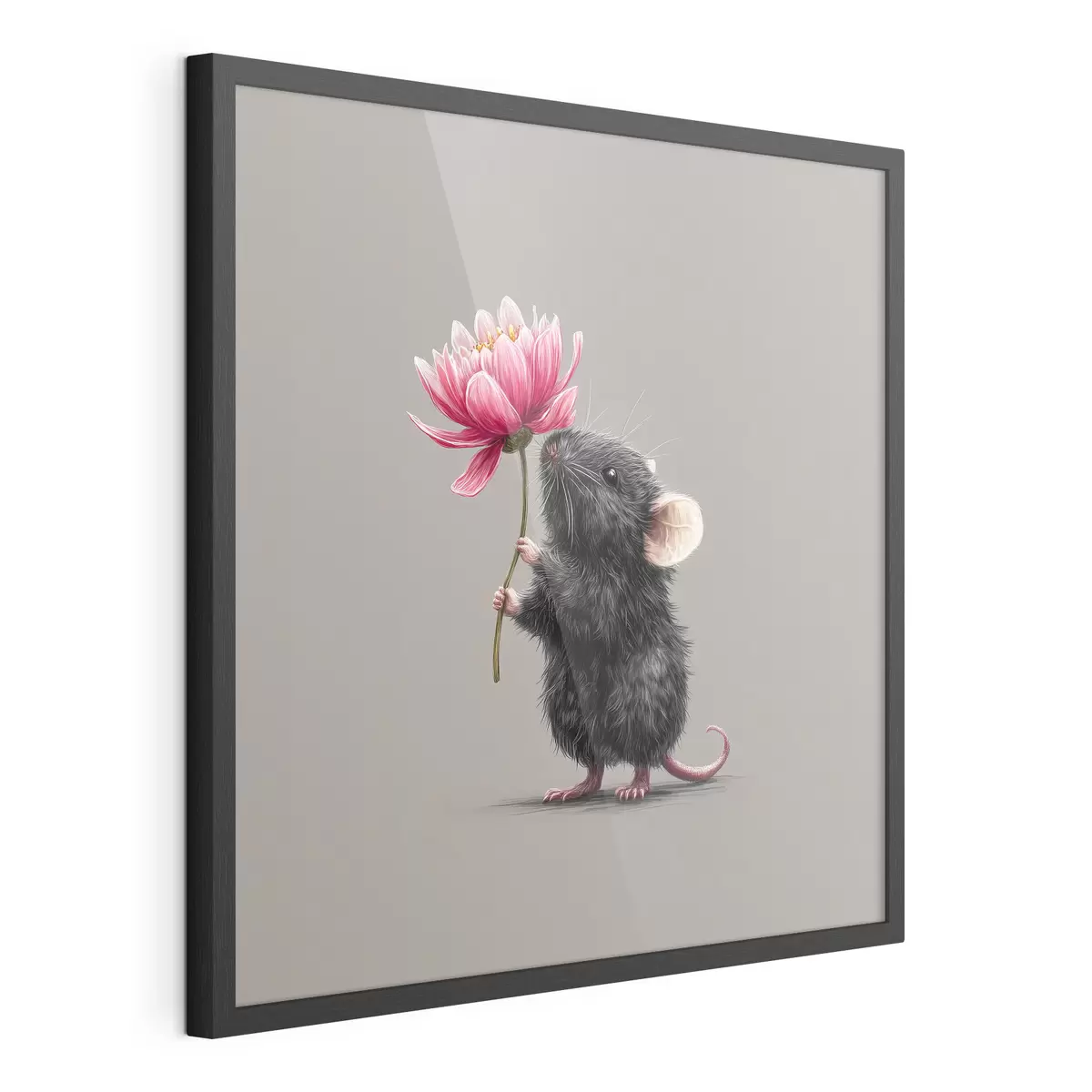Poster Encantador ratón inhalando el aroma de una peonía rosa f44248