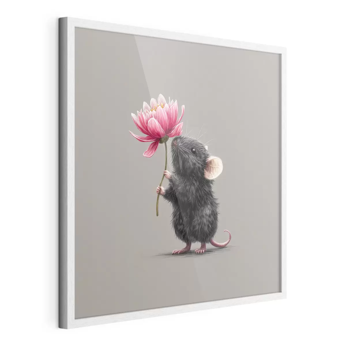 Poster Encantador ratón inhalando el aroma de una peonía rosa f44248