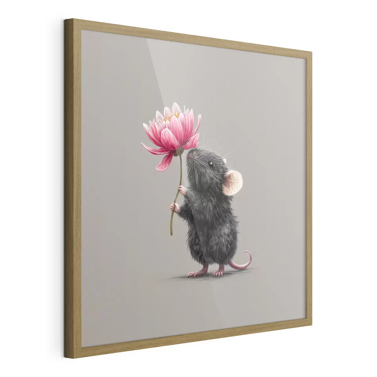 Poster Encantador ratón inhalando el aroma de una peonía rosa f44248
