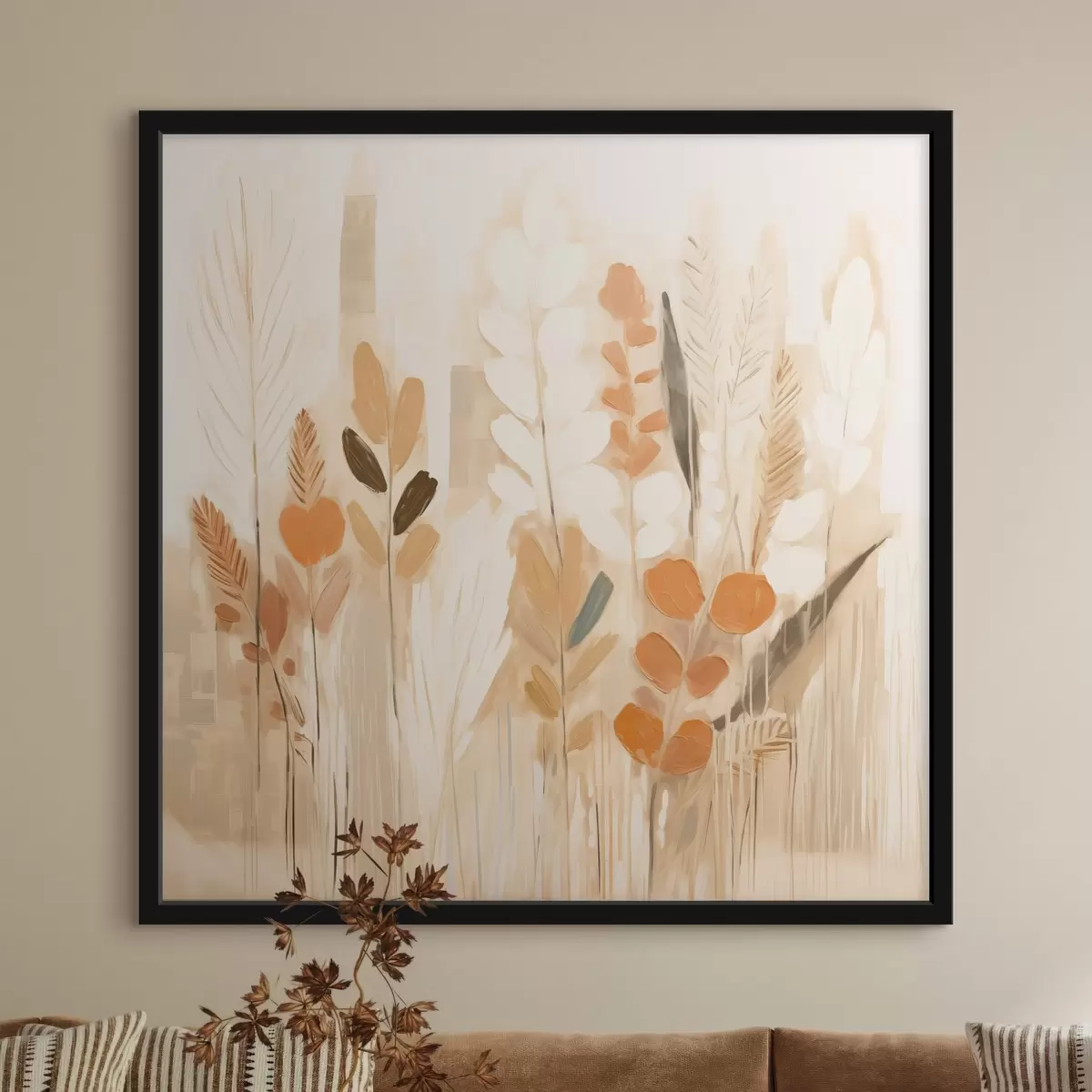 Poster Abstracción cálida con hierbas de campo y flores en una paleta beige-naranja de estilo Art Nouveau f44252