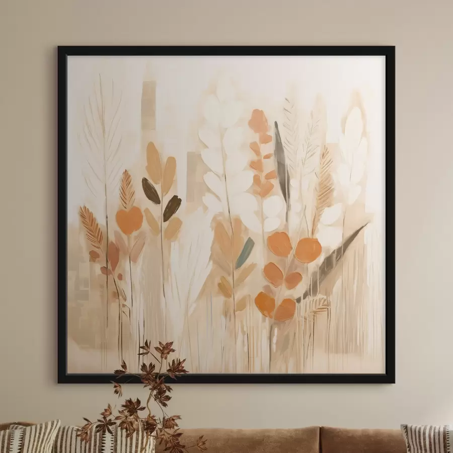 murales de pared Abstracción cálida con hierbas de campo y flores en una paleta beige-naranja de estilo Art Nouveau f44252