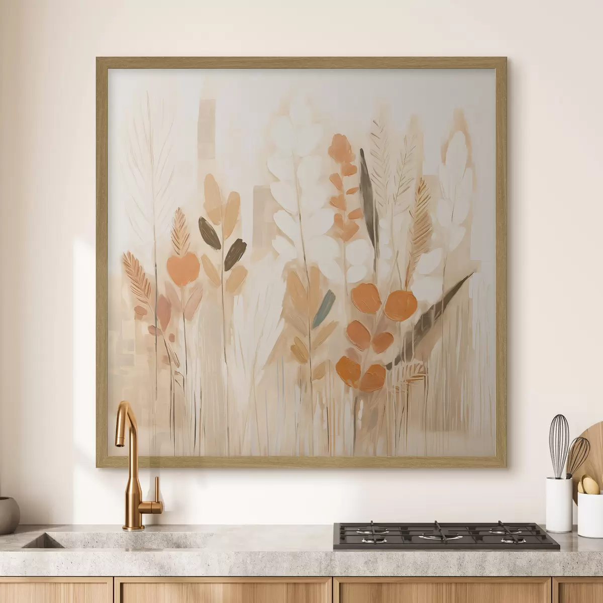 Poster Abstracción cálida con hierbas de campo y flores en una paleta beige-naranja de estilo Art Nouveau f44252
